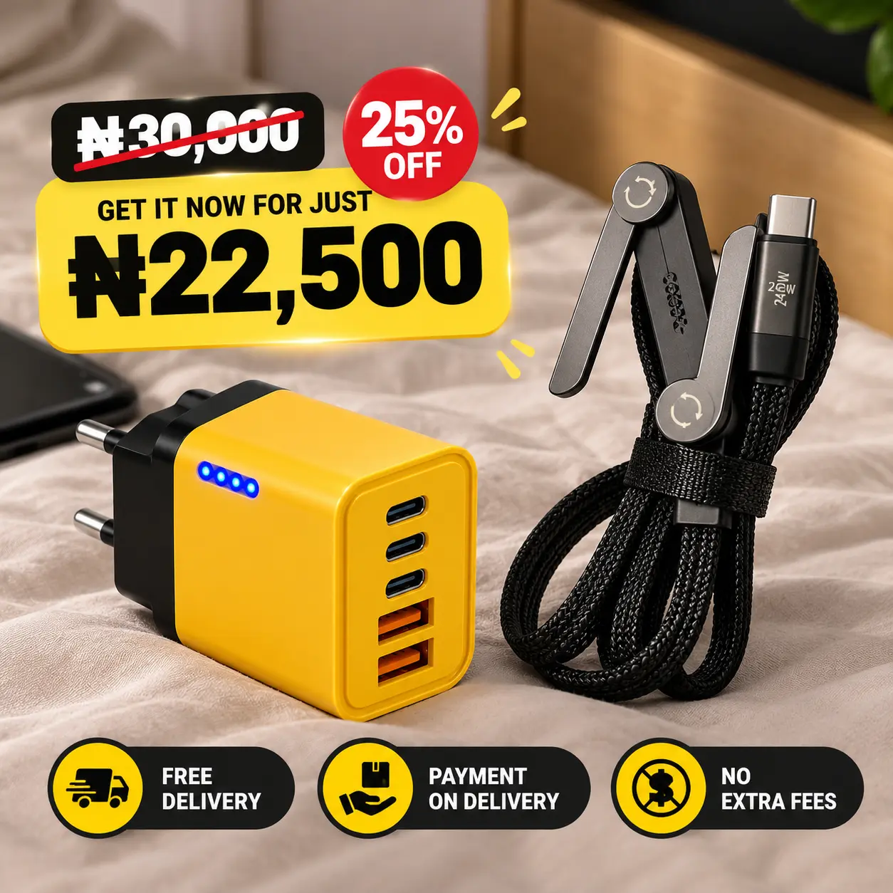 Charging combo with a braided charging cable and foldable phone stand, plus a 5-in-1 multiport wall charger
